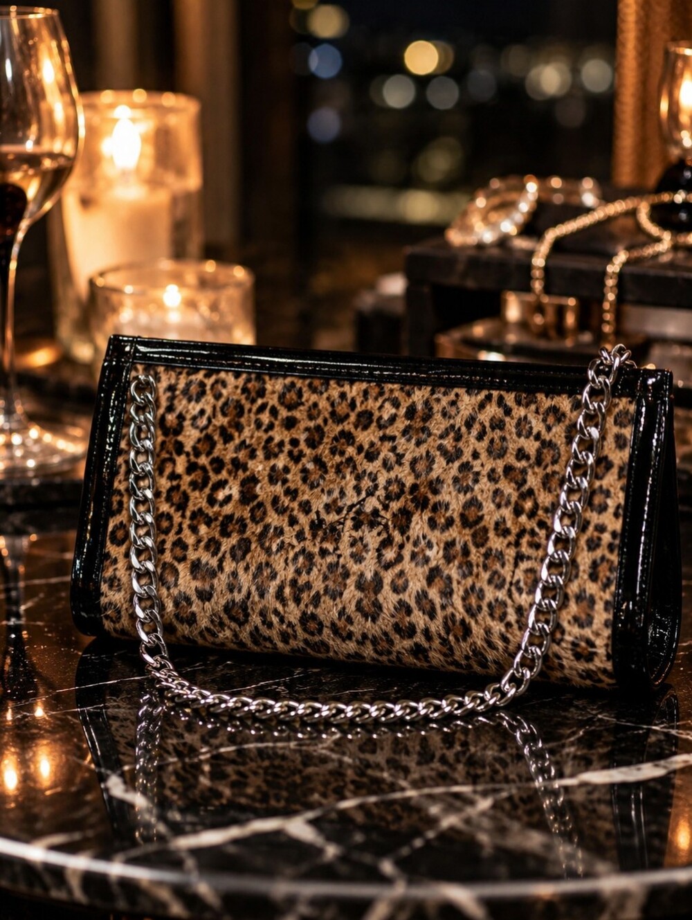 Vintage 90s Leopard Faux Fur Shoulder Bag Y2K Chain Strap Clutch